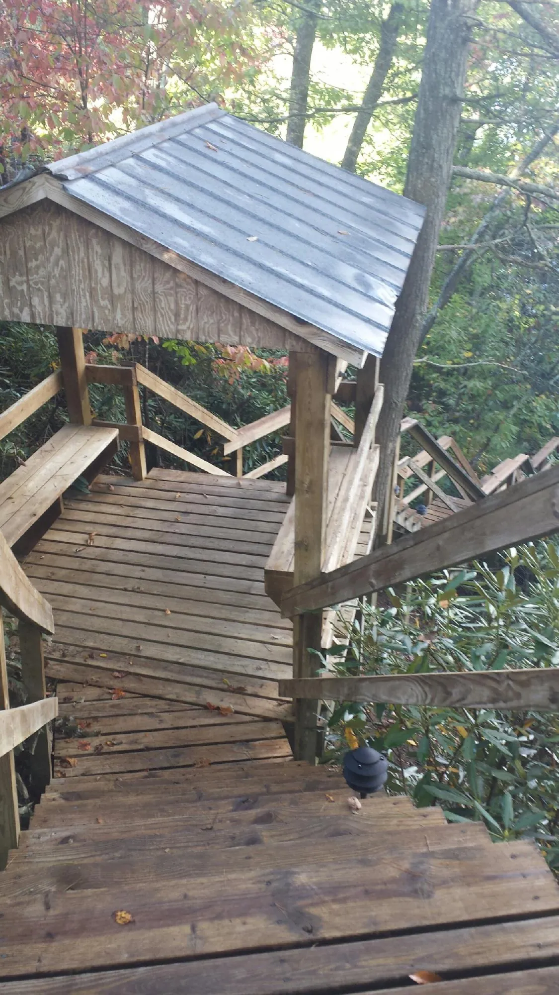 Metal roofed shelter over wooden steps on a wooded walkway — Skylight Repair & Installation work by our crew in Moncure
